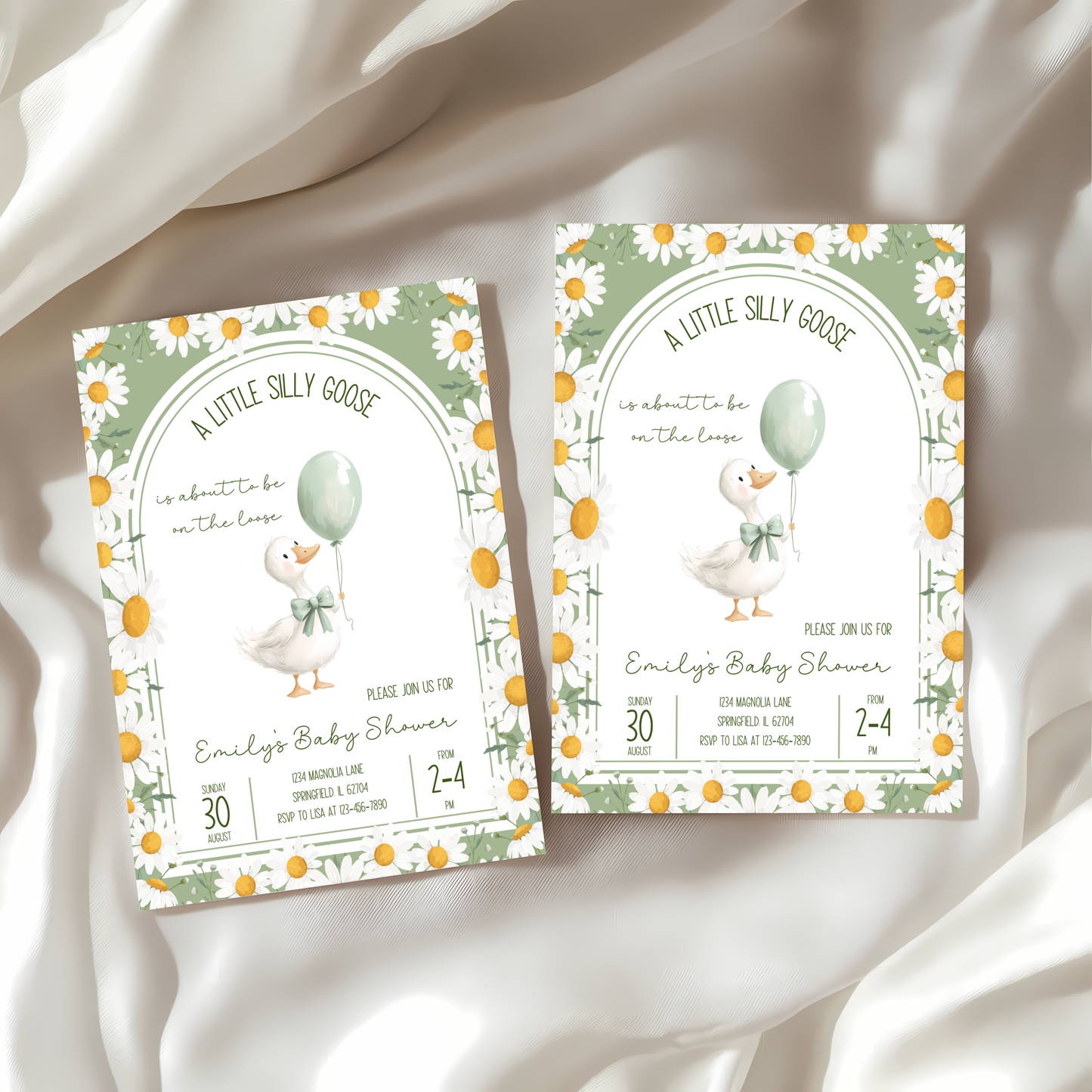 Baby Shower Invitation - A Little Silly Goose Green with Daisies BS88