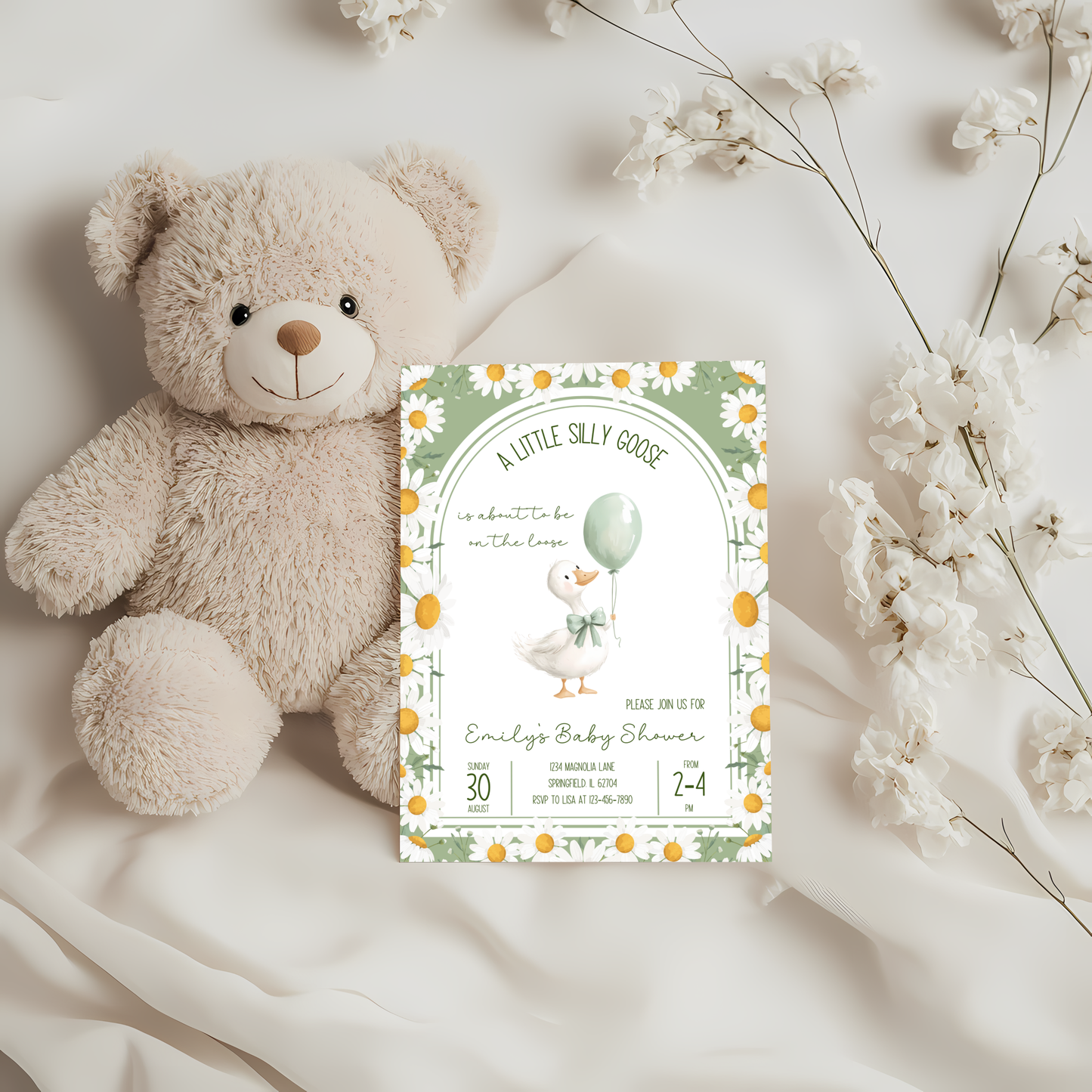 Baby Shower Invitation - A Little Silly Goose Green with Daisies BS88