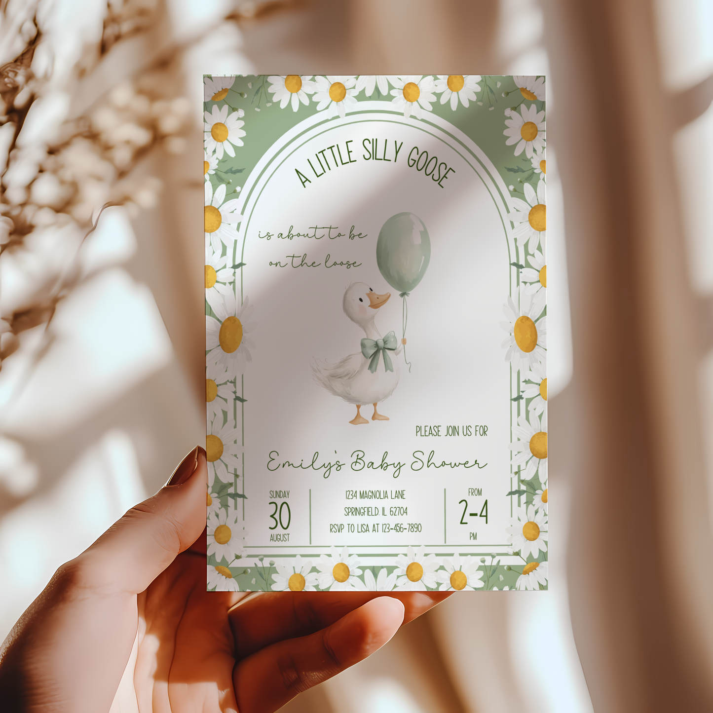 Baby Shower Invitation - A Little Silly Goose Green with Daisies BS88