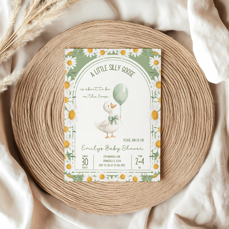 Baby Shower Invitation - A Little Silly Goose Green with Daisies BS88