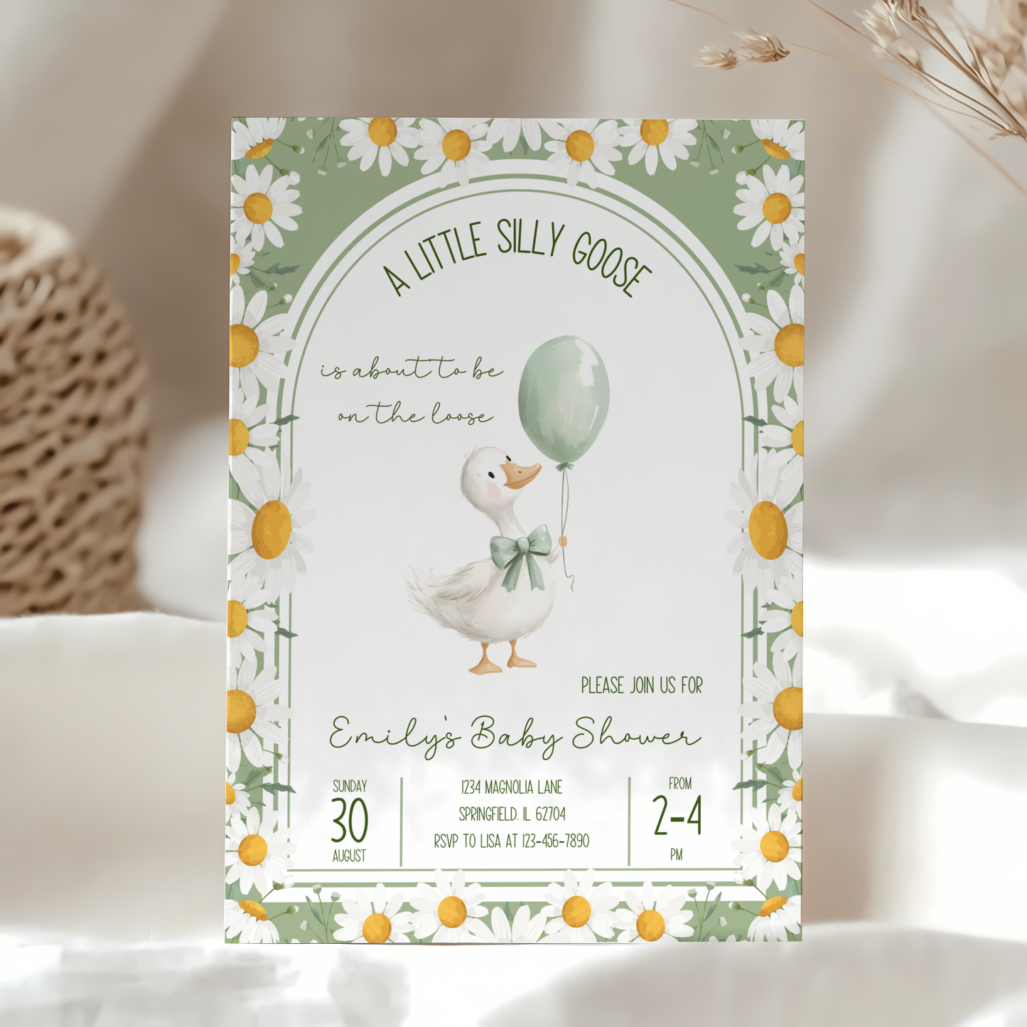 Baby Shower Invitation - A Little Silly Goose Green with Daisies BS88
