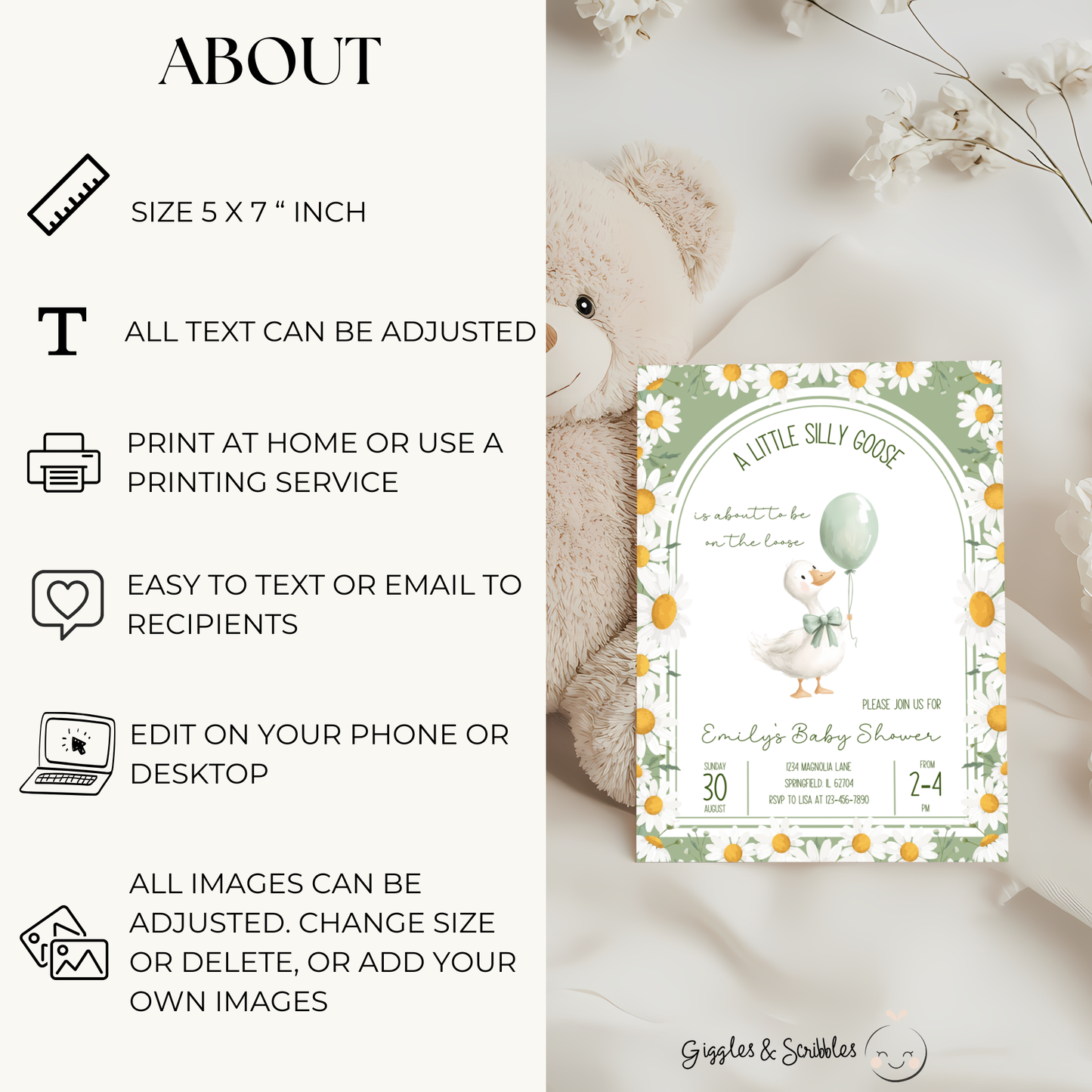 Baby Shower Invitation - A Little Silly Goose Green with Daisies BS88