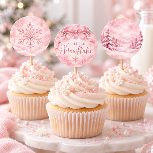 Pink Snowflake Baby Shower Cupcake Toppers BS337