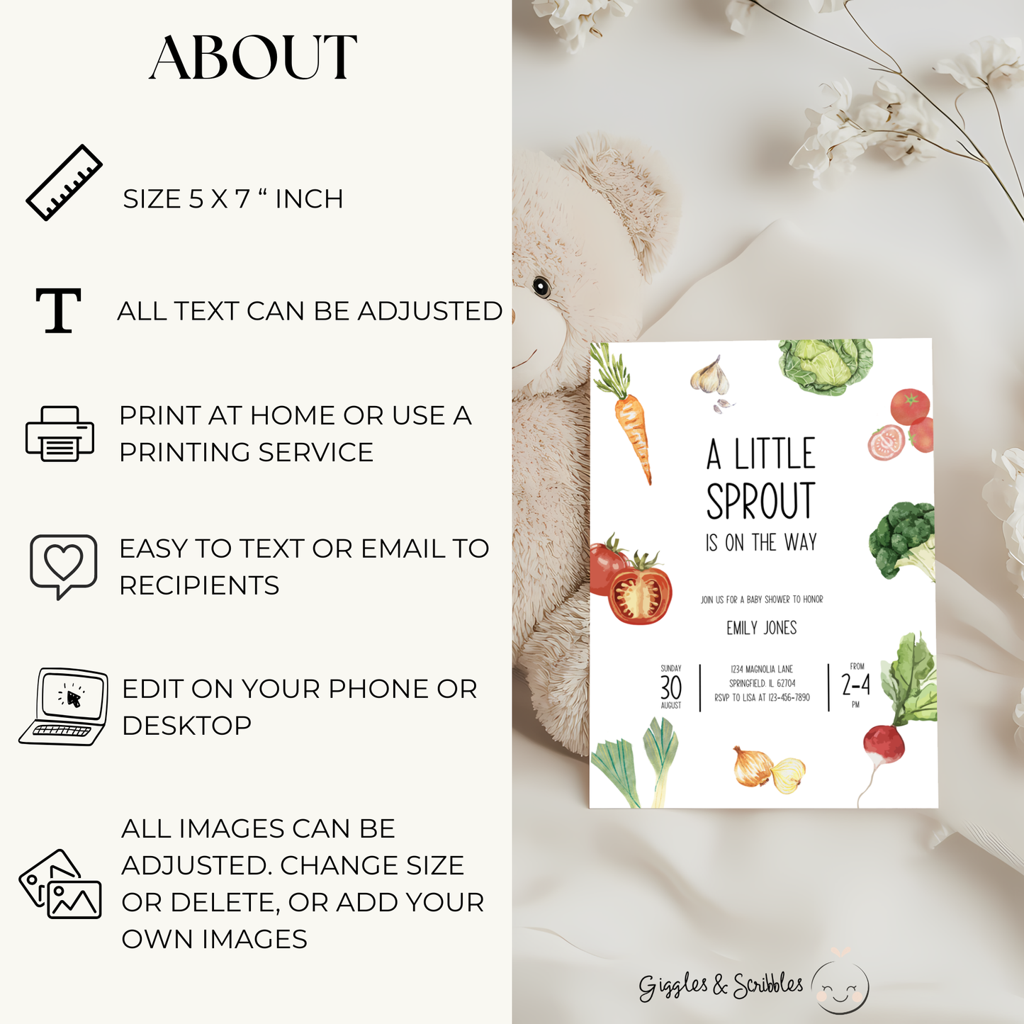 Baby Shower Invitation - Little Sprout Homegrown with Love Vegetables BS97