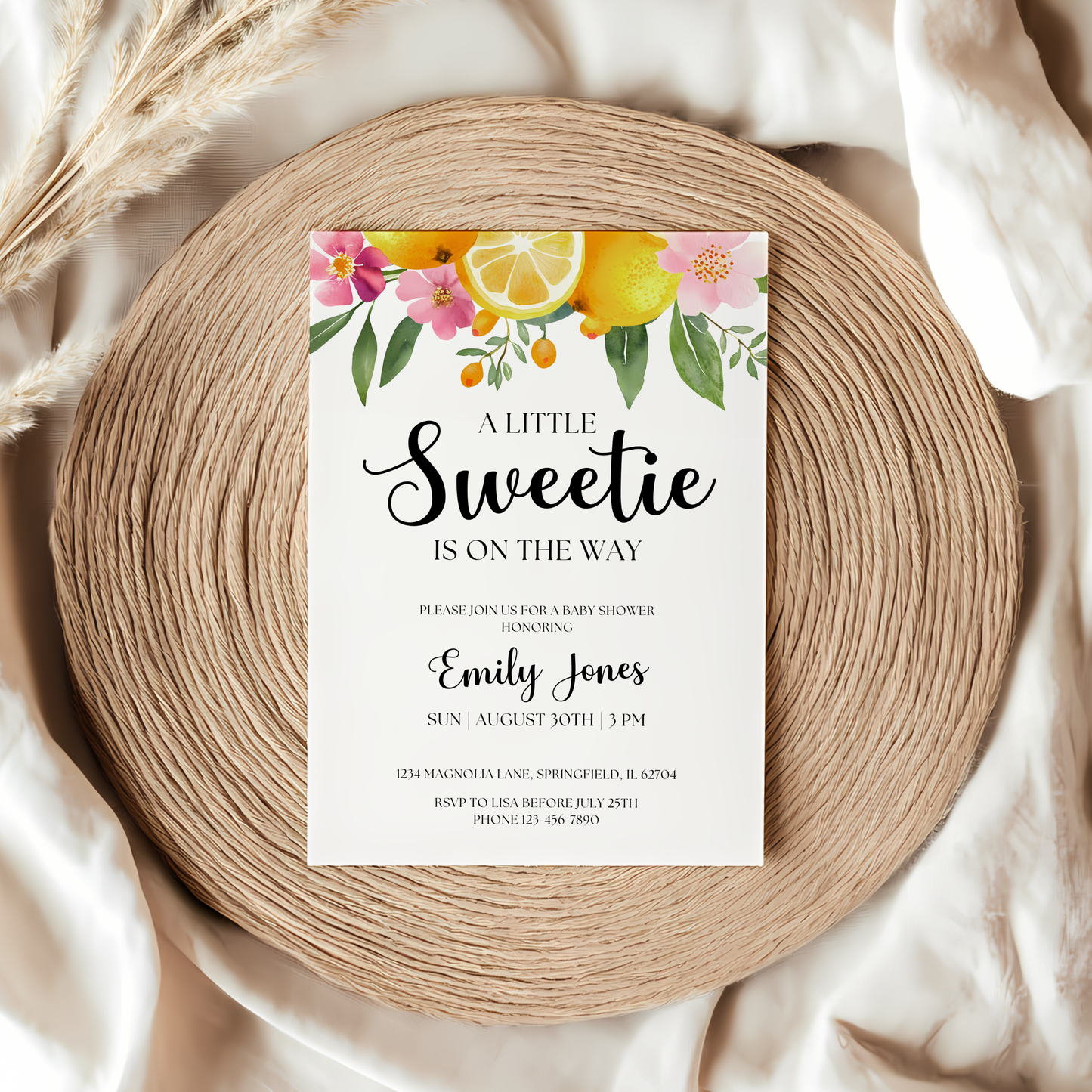 Baby Shower Invitation - Little Sweetie On The Way Lemon Citrus Summer Floral BS114