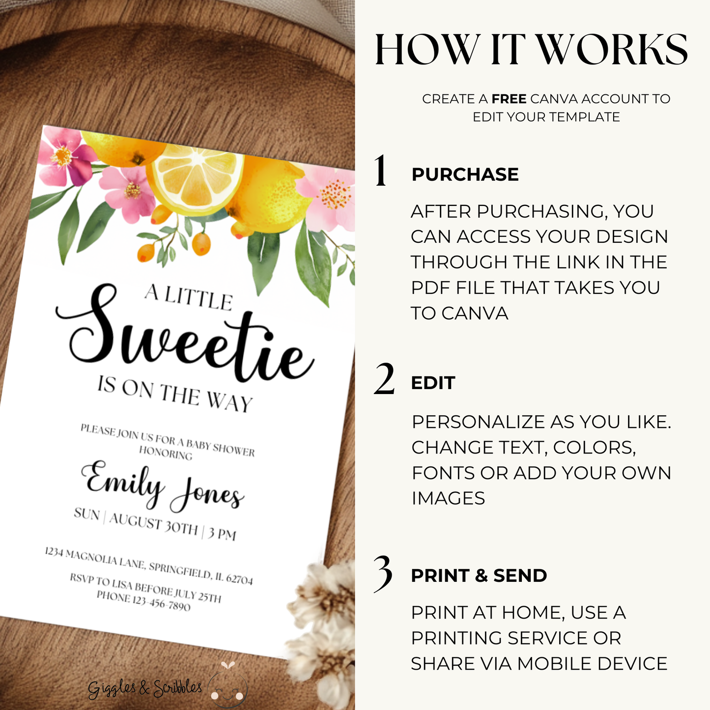 Baby Shower Invitation - Little Sweetie On The Way Lemon Citrus Summer Floral BS114