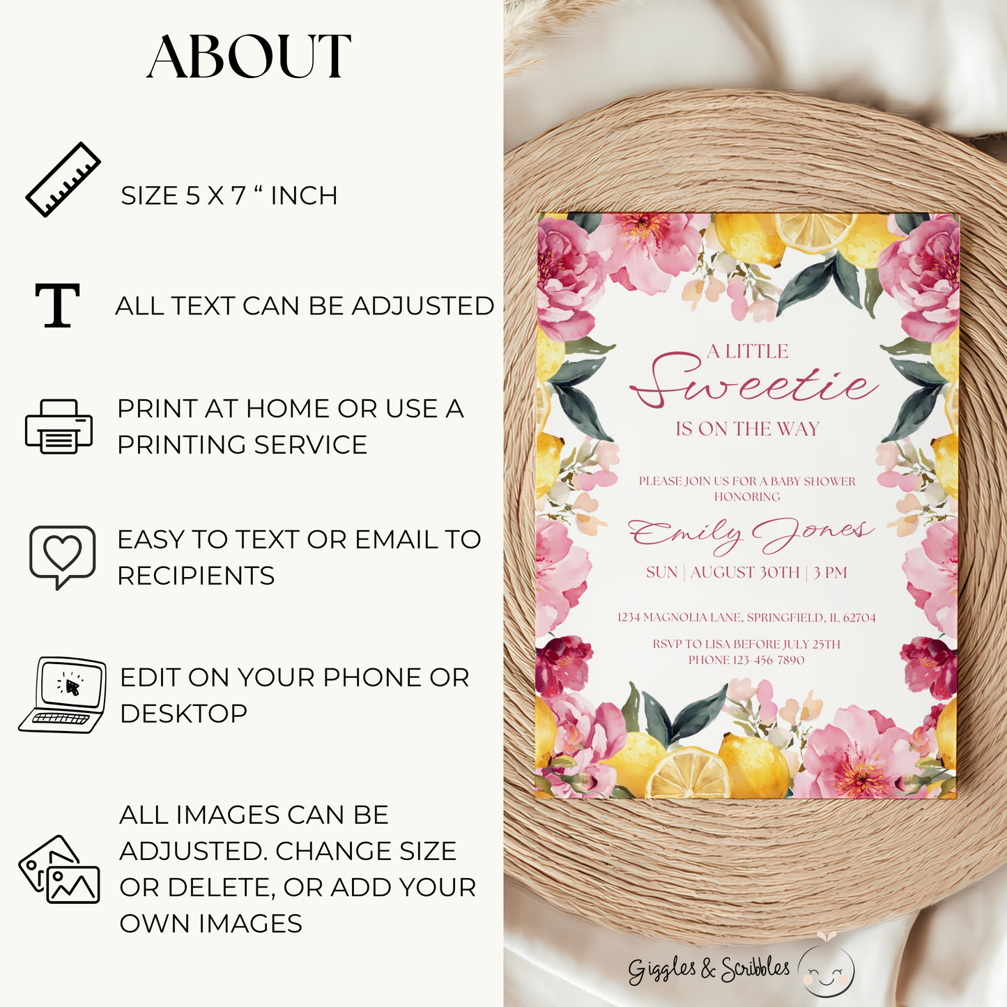 Baby Shower Invitation - Floral Lemon Summer Vintage Little Sweetie BS115