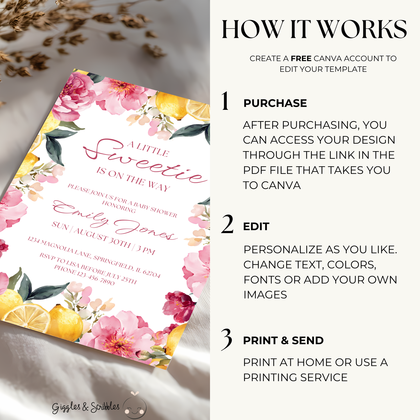 Baby Shower Invitation Bundle - Floral Lemon Vintage Little Sweetie BS115
