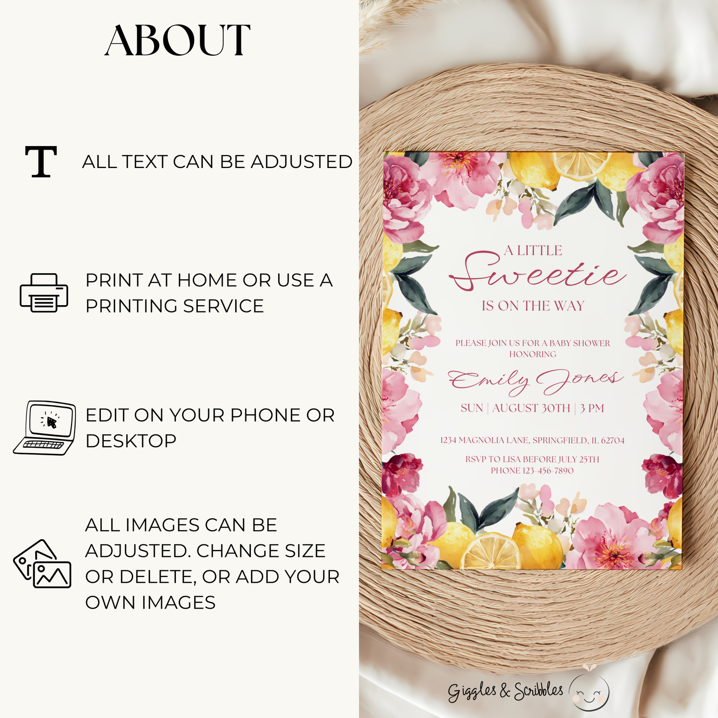 Baby Shower Invitation Bundle - Floral Lemon Vintage Little Sweetie BS115