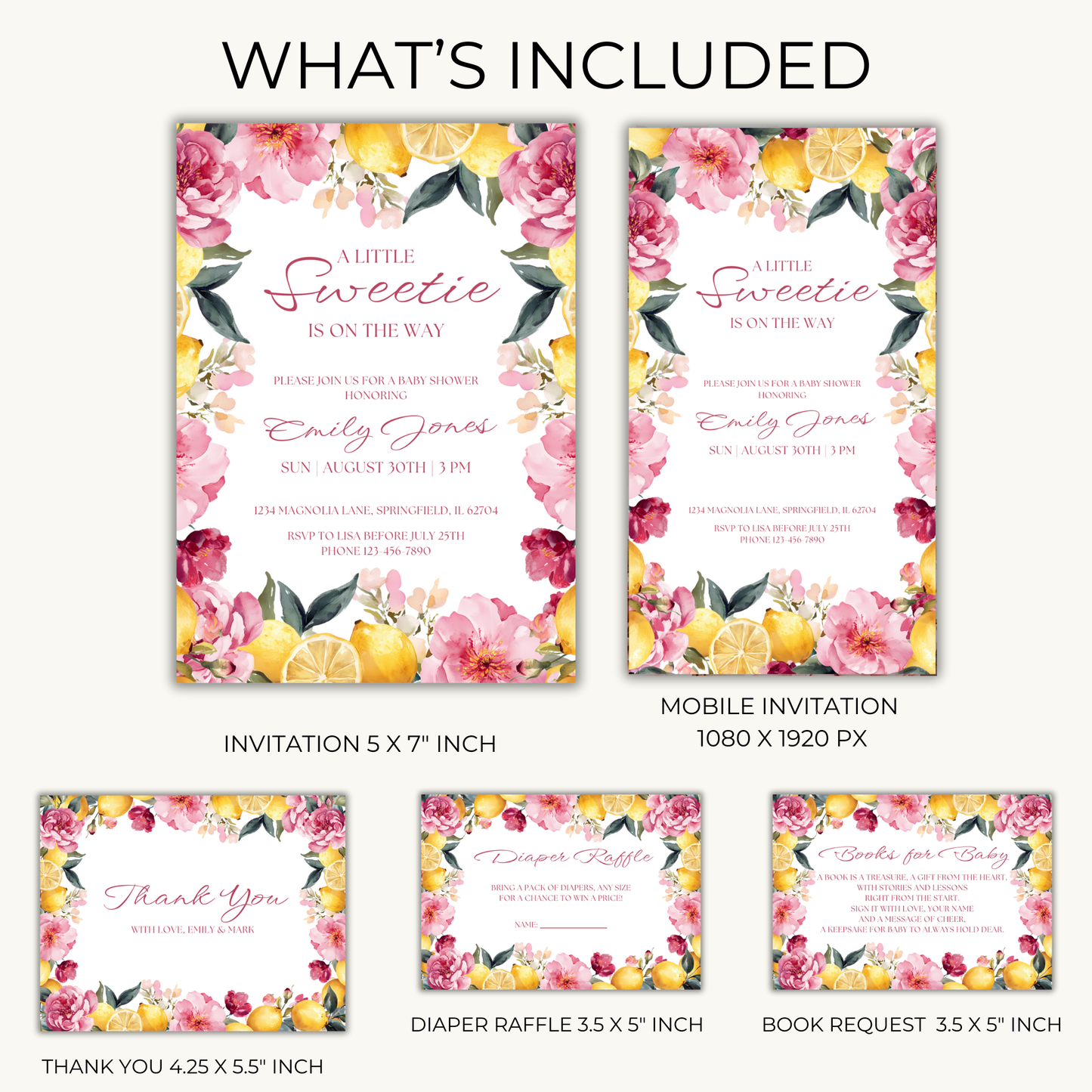 Baby Shower Invitation Bundle - Floral Lemon Vintage Little Sweetie BS115