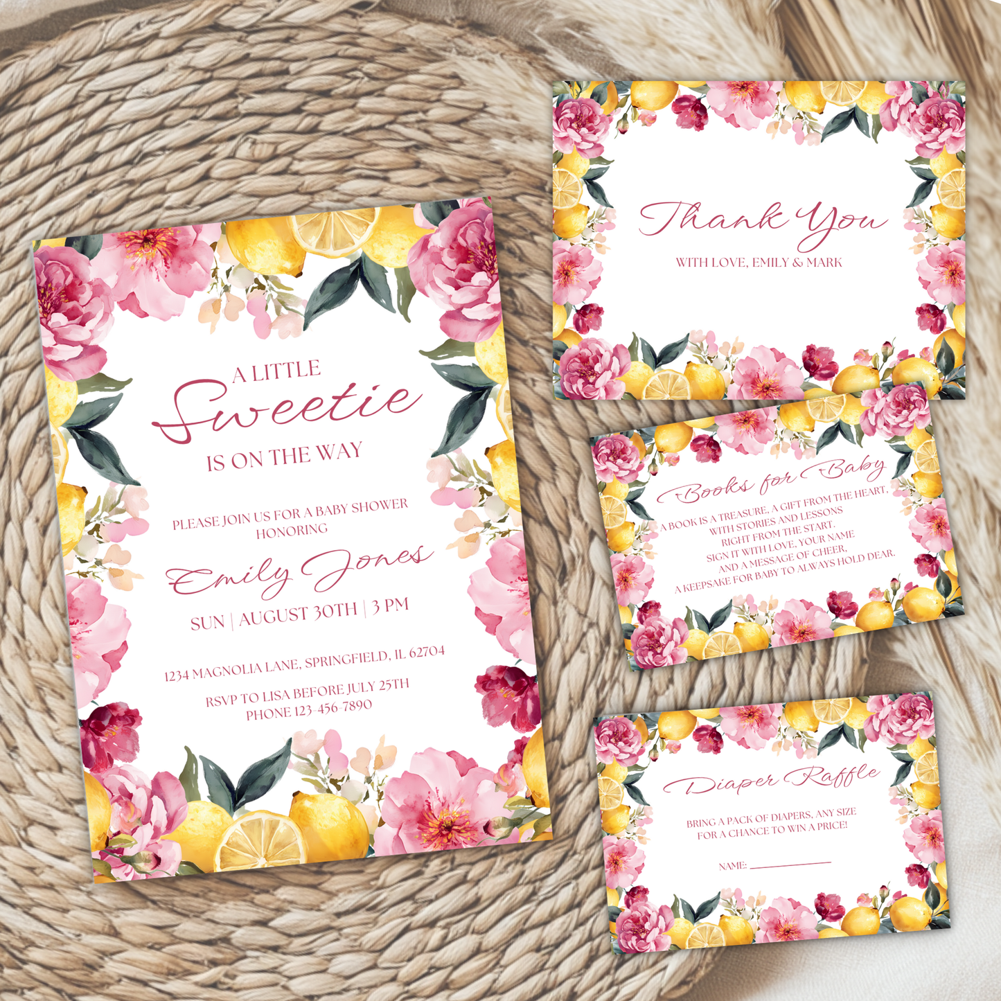 Baby Shower Invitation Bundle - Floral Lemon Vintage Little Sweetie BS115