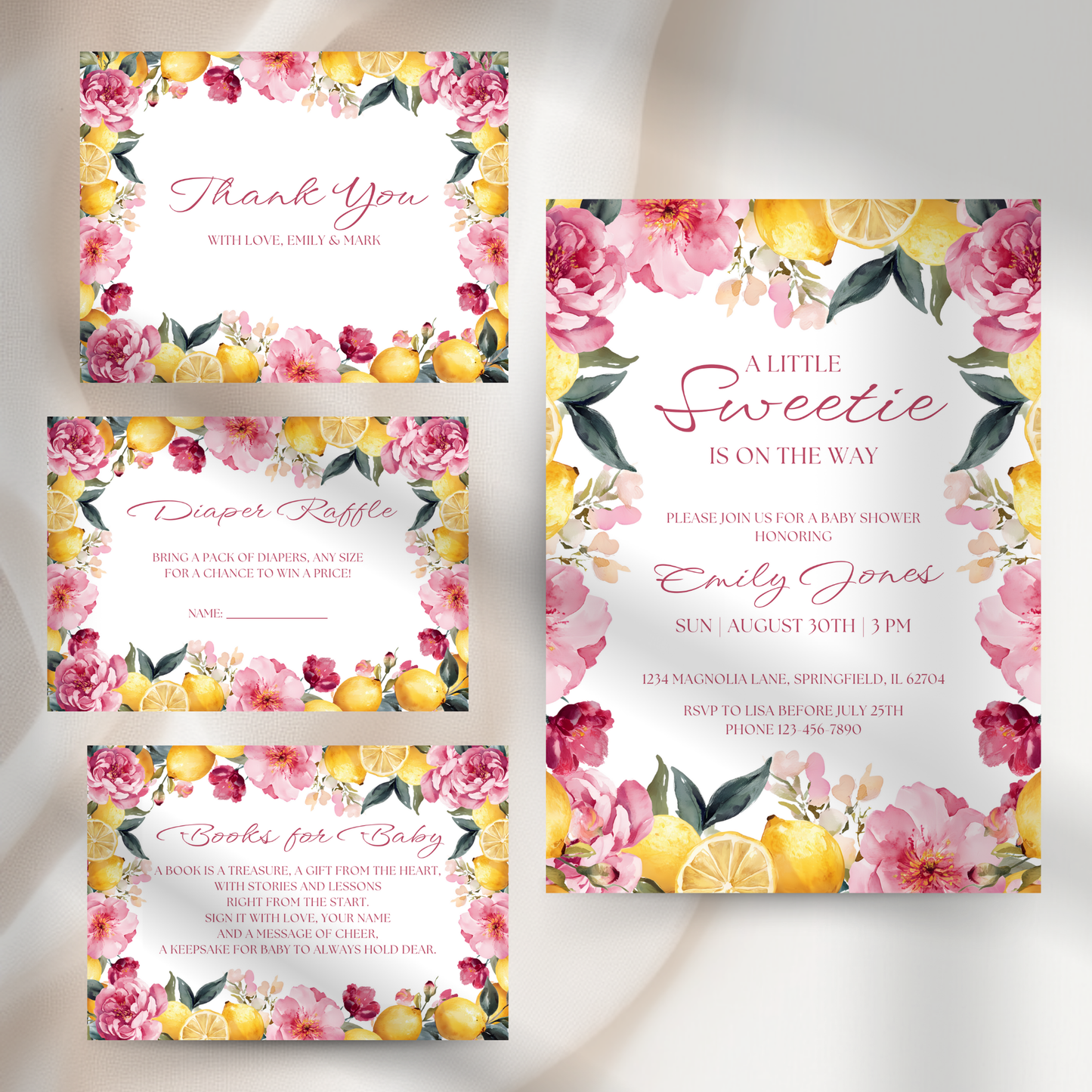 Baby Shower Invitation Bundle - Floral Lemon Vintage Little Sweetie BS115