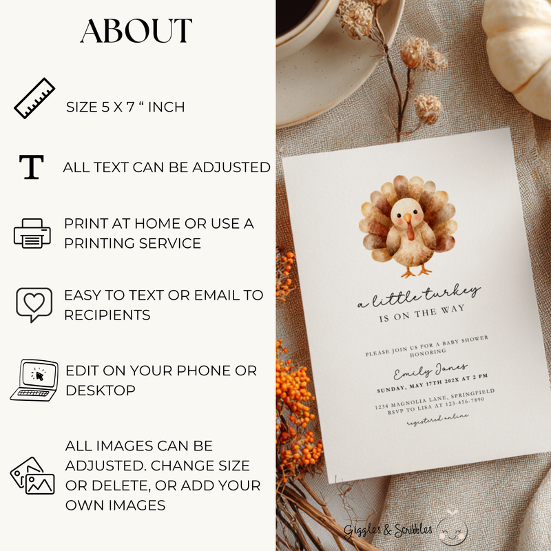 Baby Shower Invitation - A Little Turkey Is On The Way Thanksgiving Fall BS254