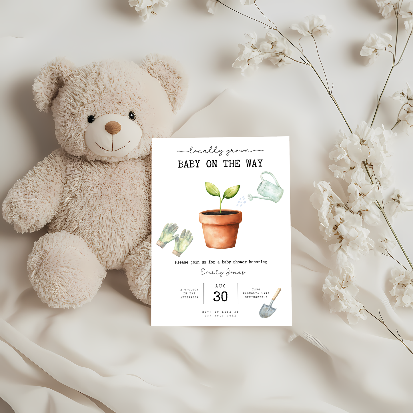 Baby Shower Invitation - Locally Grown With Love Organic Plant Gardening Theme BS84
