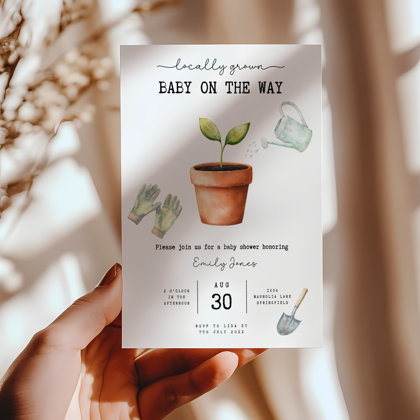 Baby Shower Invitation - Locally Grown With Love Organic Plant Gardening Theme BS84
