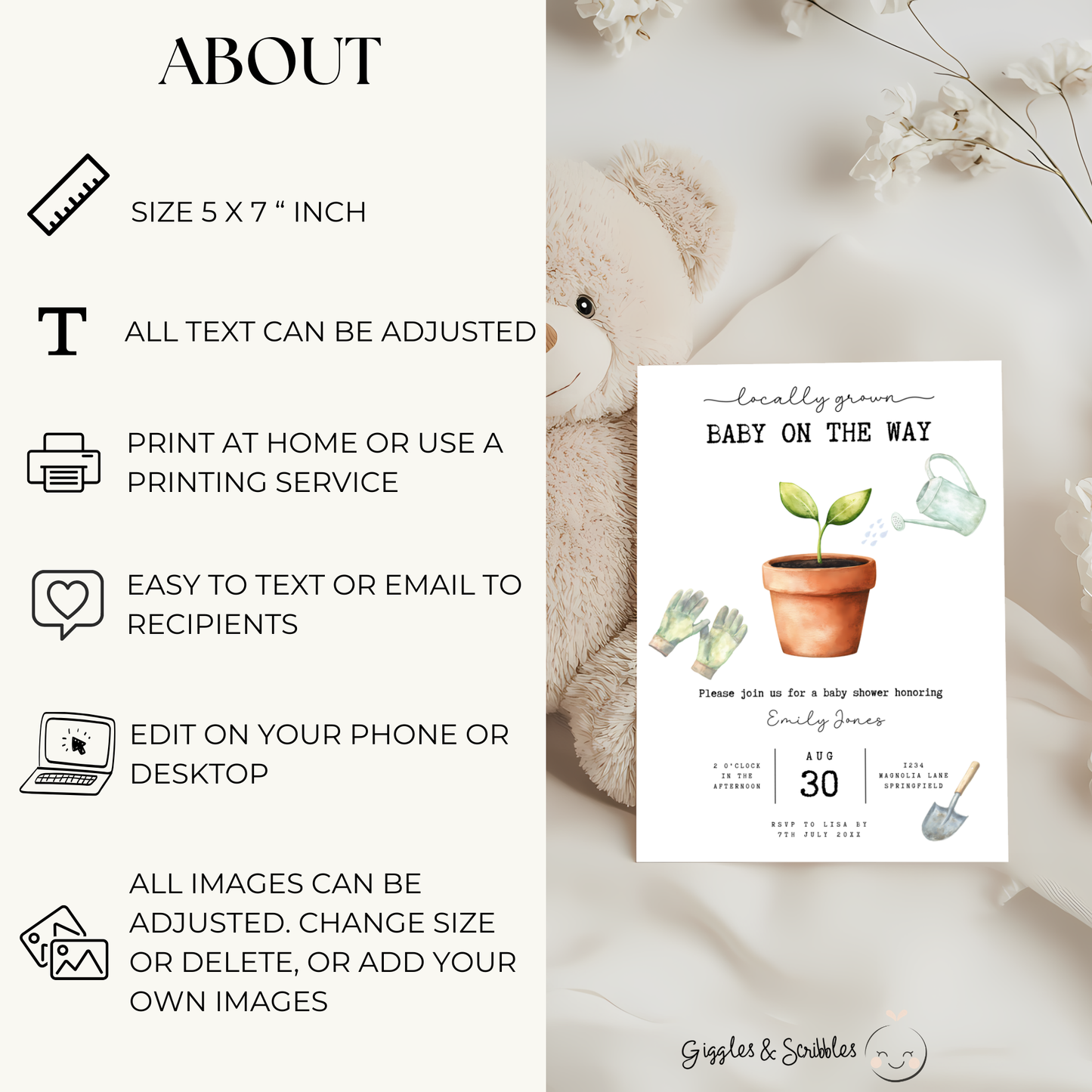 Baby Shower Invitation - Locally Grown With Love Organic Plant Gardening Theme BS84
