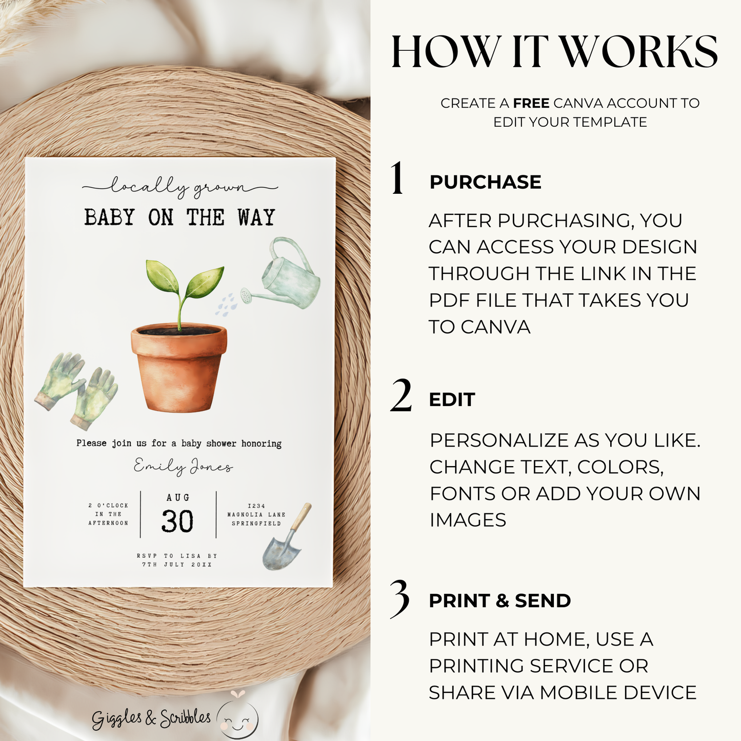 Baby Shower Invitation - Locally Grown With Love Organic Plant Gardening Theme BS84