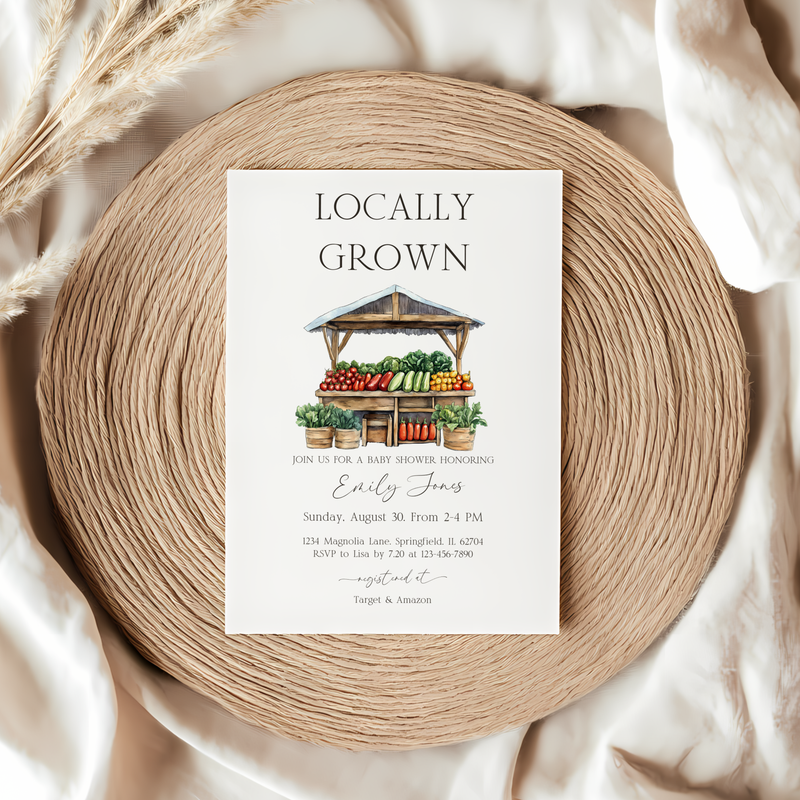 Baby Shower Invitation - Locally Grown Farmers Market Stand Veggie BS96