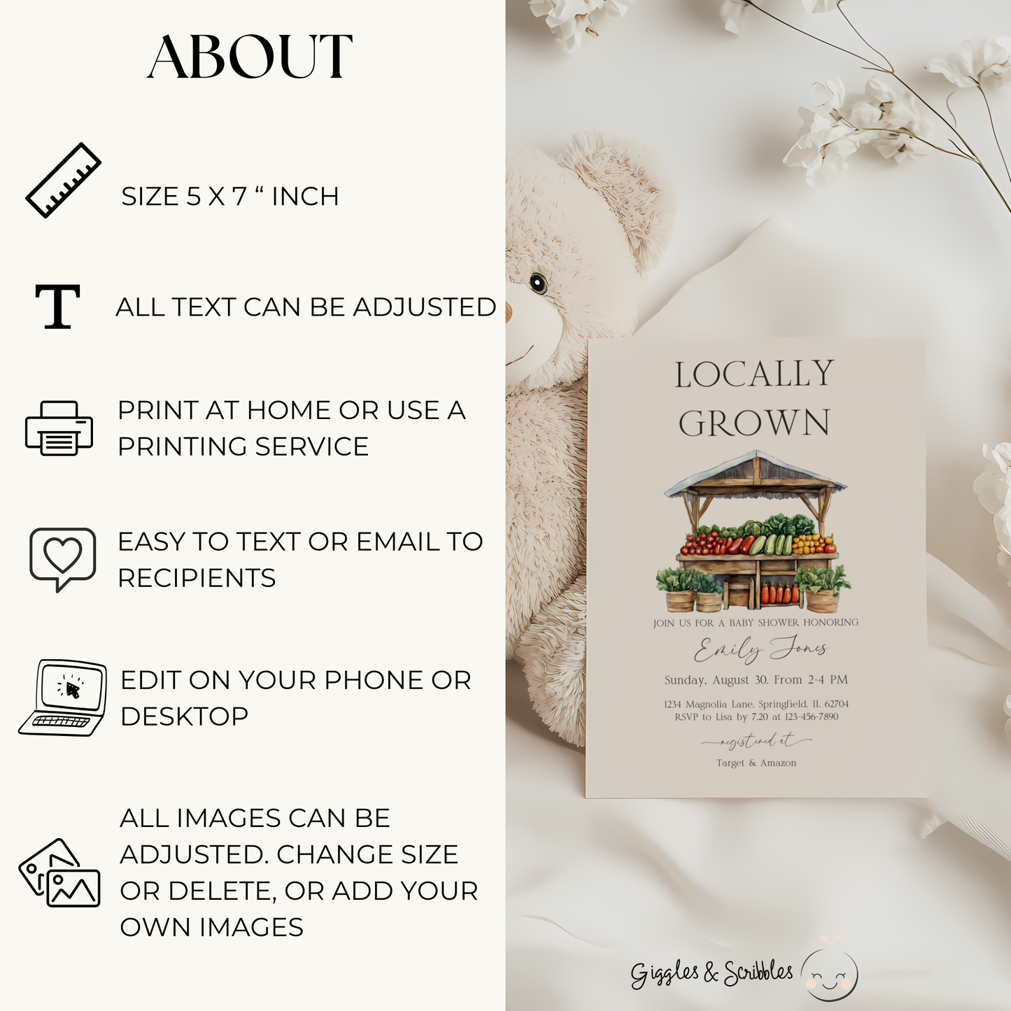 Baby Shower Invitation - Locally Grown Farmers Market Stand Veggie BS96