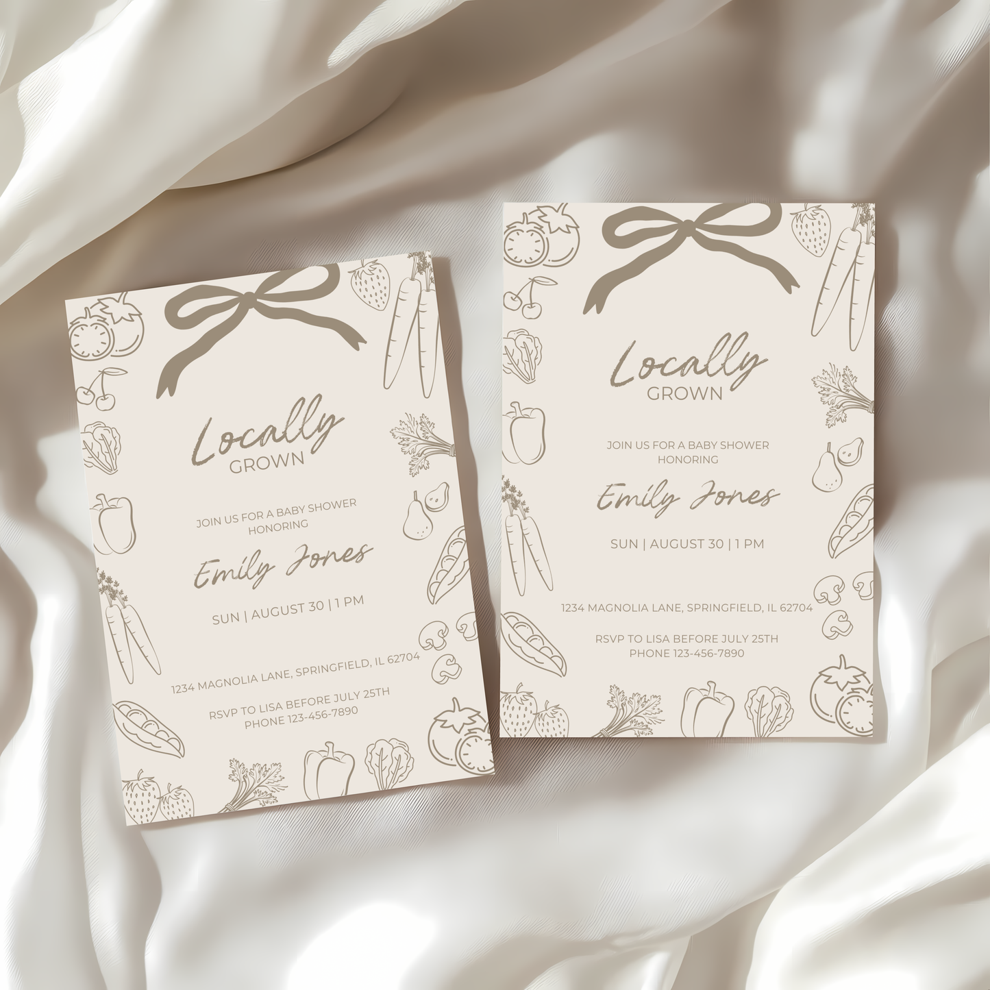 Baby Shower Invitation - Beige Locally Grown Hand Drawn Organic Farmers Market BS100