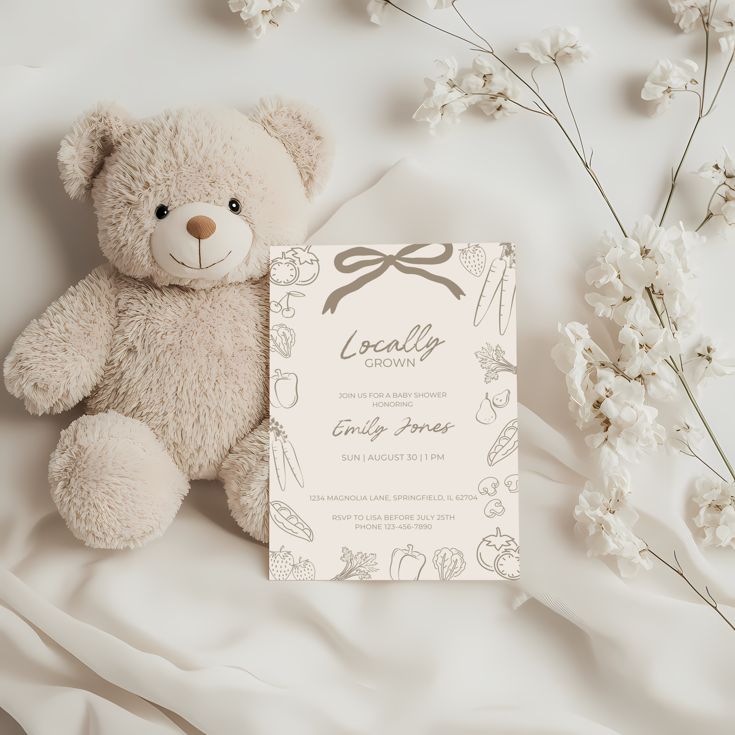 Baby Shower Invitation - Beige Locally Grown Hand Drawn Organic Farmers Market BS100