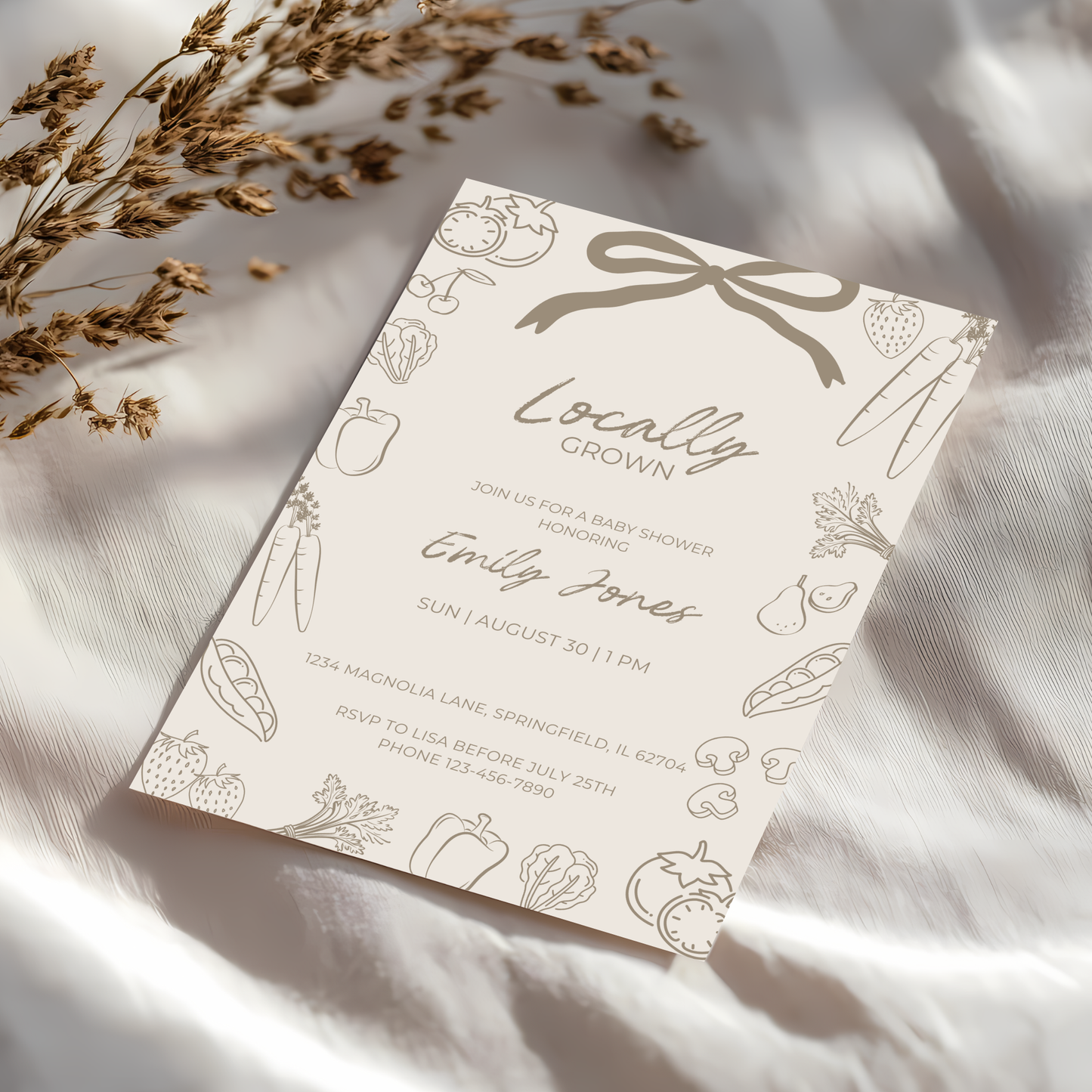 Baby Shower Invitation - Beige Locally Grown Hand Drawn Organic Farmers Market BS100