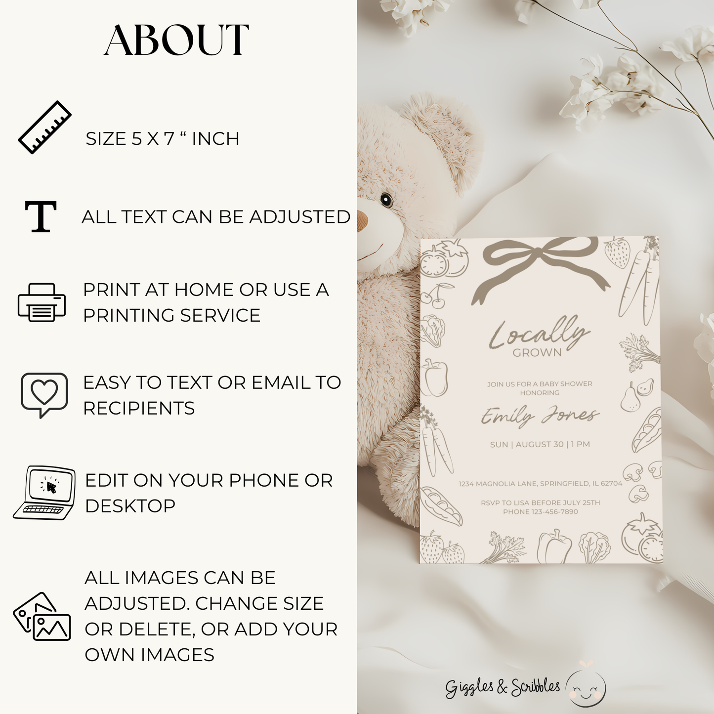 Baby Shower Invitation - Beige Locally Grown Hand Drawn Organic Farmers Market BS100