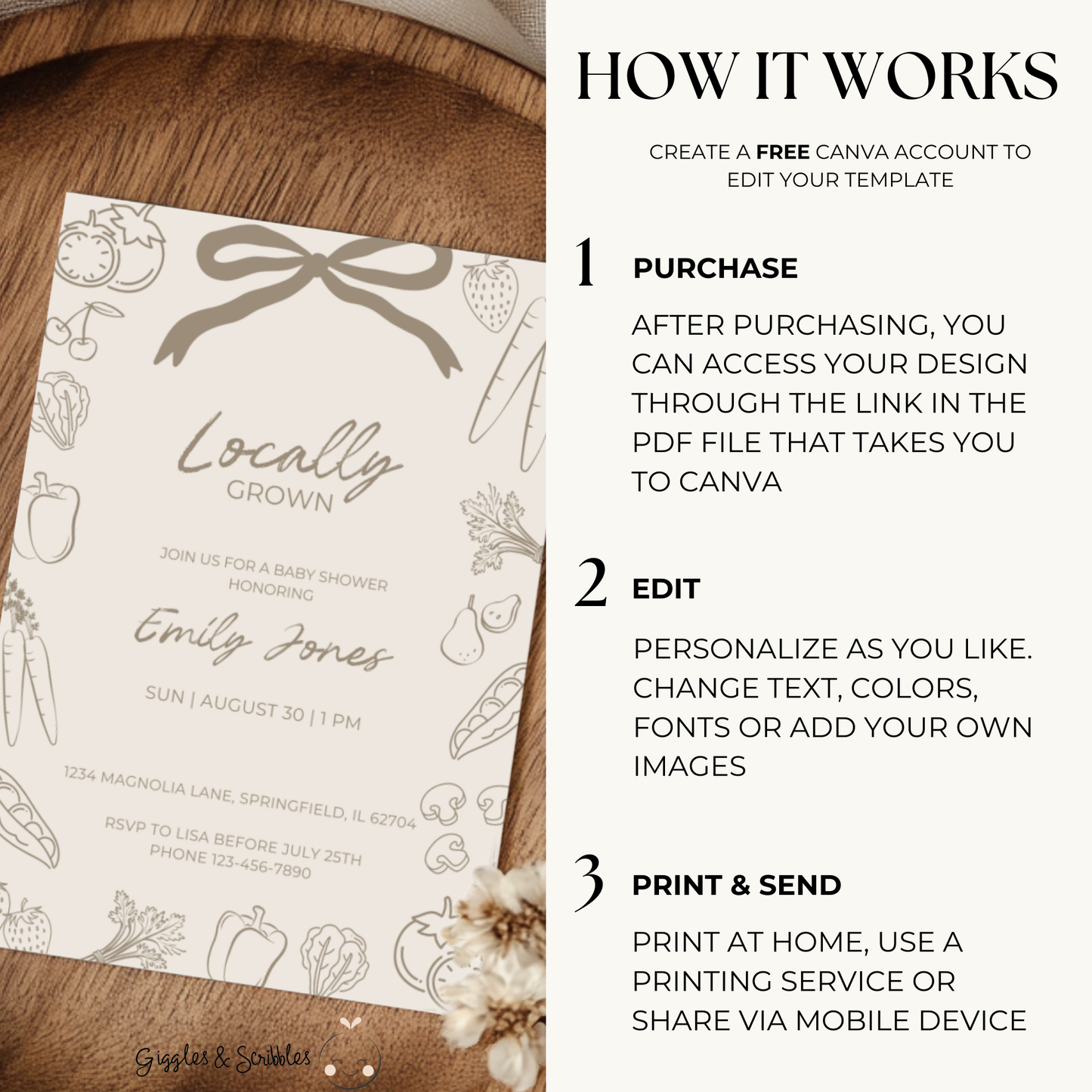 Baby Shower Invitation - Beige Locally Grown Hand Drawn Organic Farmers Market BS100