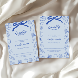 Baby Shower Invitation - Blue Locally Grown Hand Drawn Organic Farmers Market BS100
