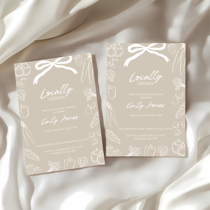 Baby Shower Invitation - Locally Grown Beige Hand Drawn Organic Farmers Market BS100