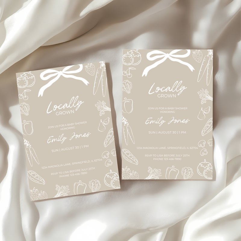 Baby Shower Invitation - Locally Grown Beige Hand Drawn Organic Farmers Market BS100