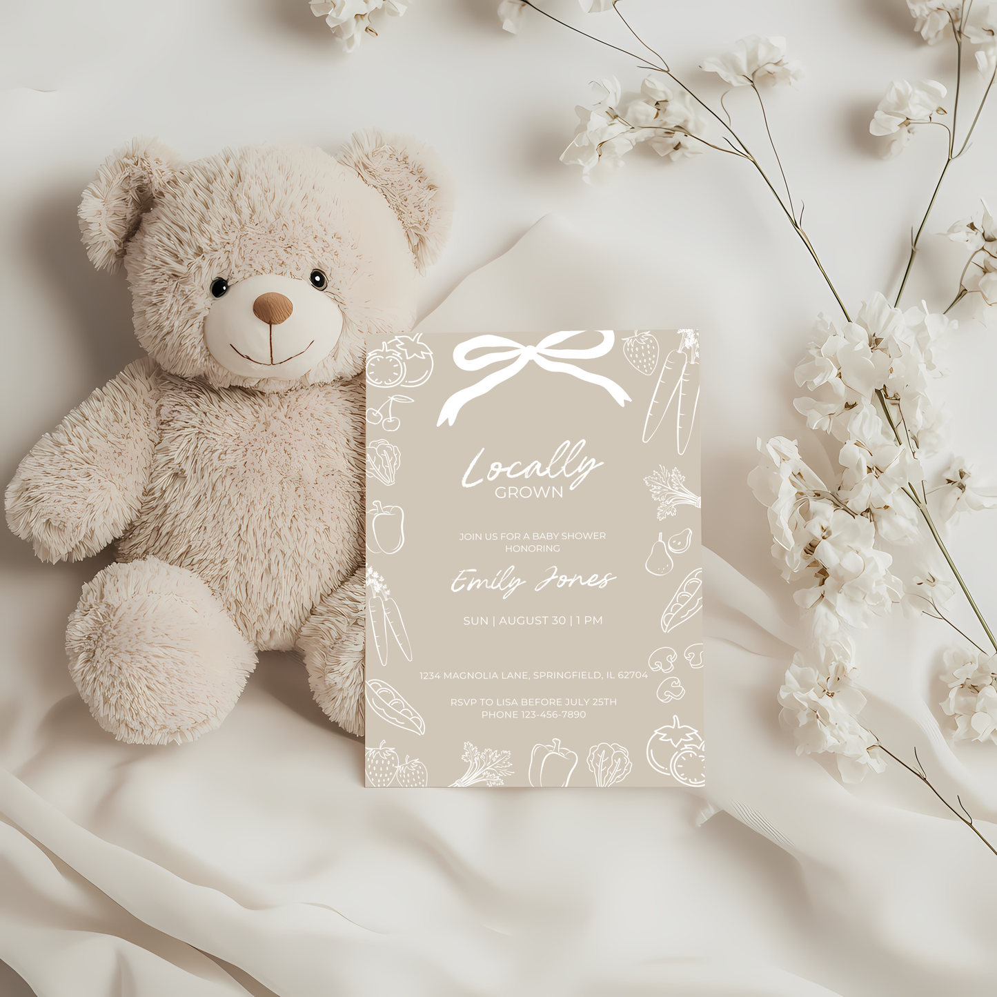 Baby Shower Invitation - Locally Grown Beige Hand Drawn Organic Farmers Market BS100