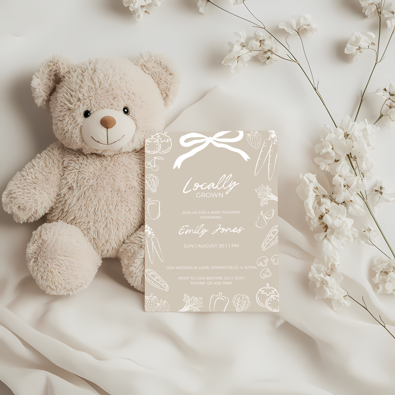 Baby Shower Invitation - Locally Grown Beige Hand Drawn Organic Farmers Market BS100