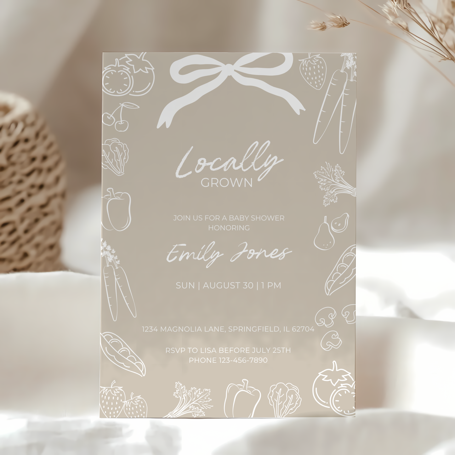 Baby Shower Invitation - Locally Grown Beige Hand Drawn Organic Farmers Market BS100