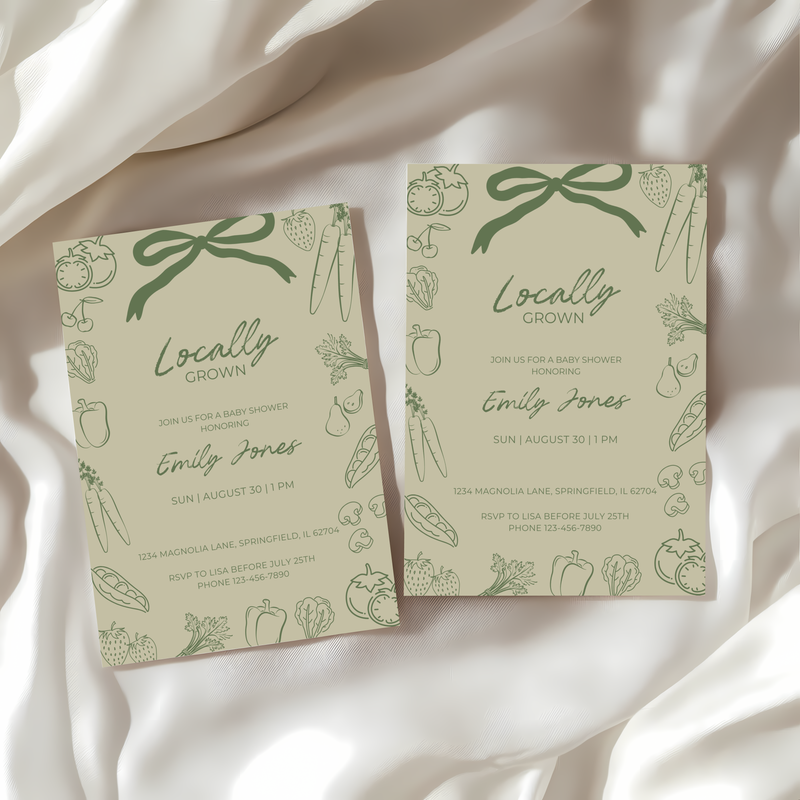 Baby Shower Invitation - Green Locally Grown Handdrawn Organic Farmers Market BS100