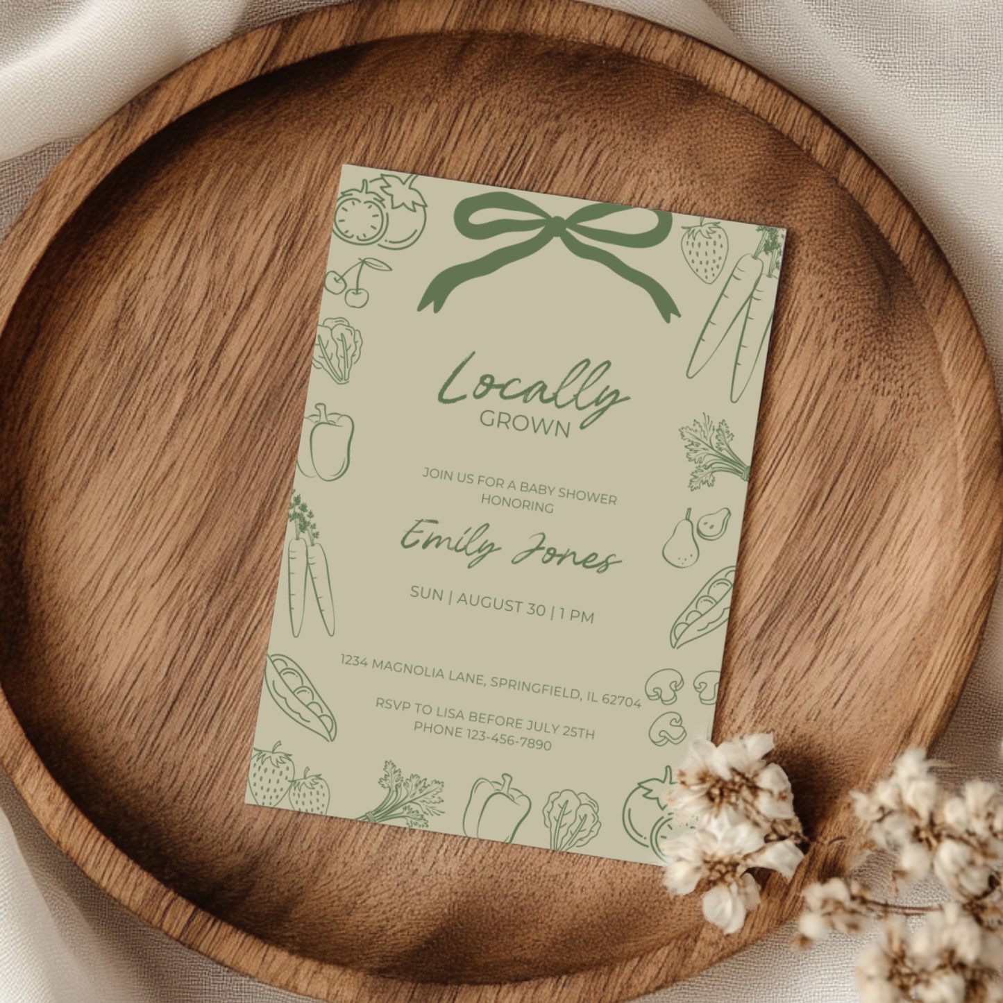 Baby Shower Invitation - Green Locally Grown Handdrawn Organic Farmers Market BS100