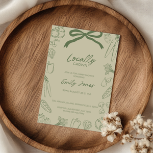 Baby Shower Invitation - Green Locally Grown Handdrawn Organic Farmers Market BS100