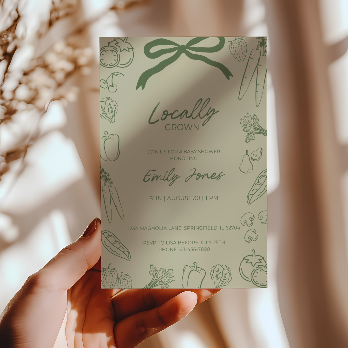 Baby Shower Invitation - Green Locally Grown Handdrawn Organic Farmers Market BS100