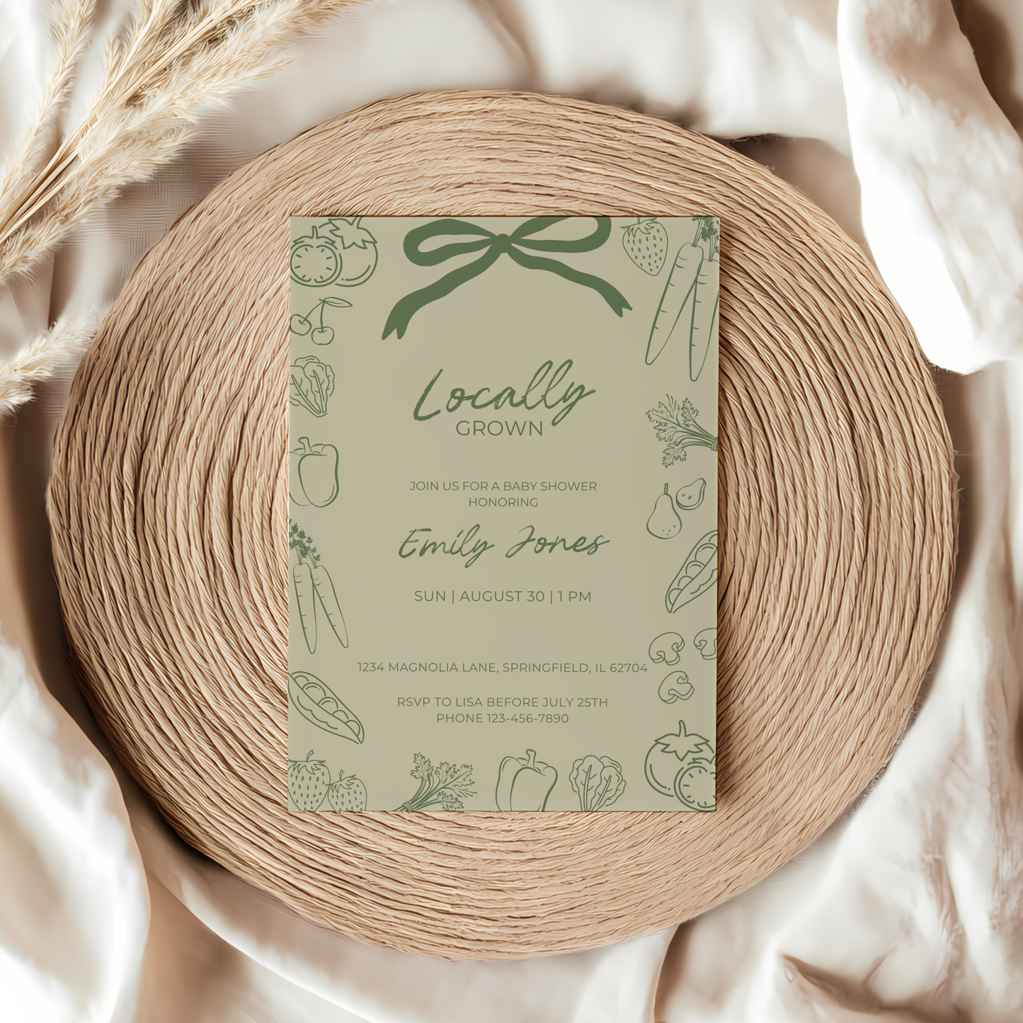 Baby Shower Invitation - Green Locally Grown Handdrawn Organic Farmers Market BS100