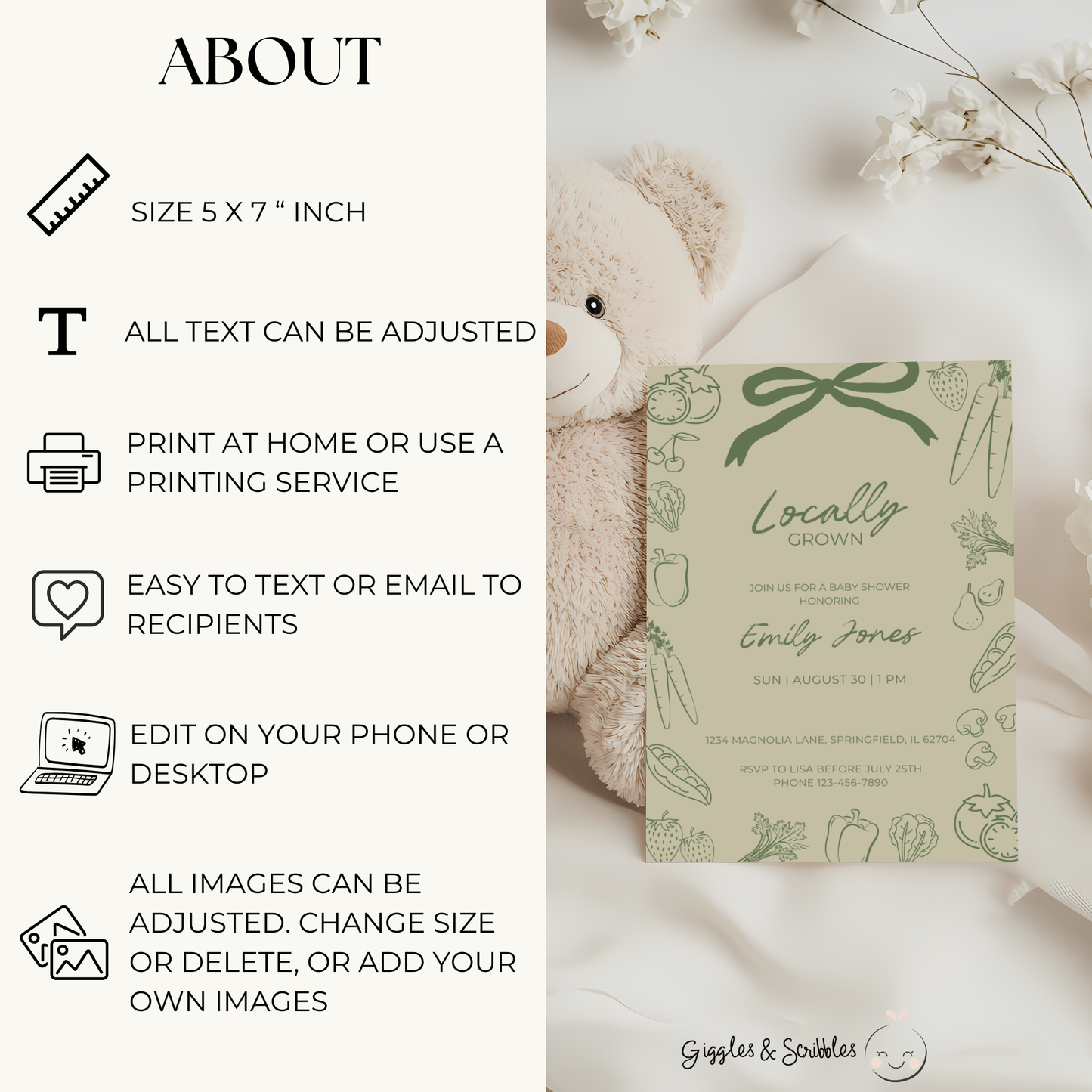 Baby Shower Invitation - Green Locally Grown Handdrawn Organic Farmers Market BS100