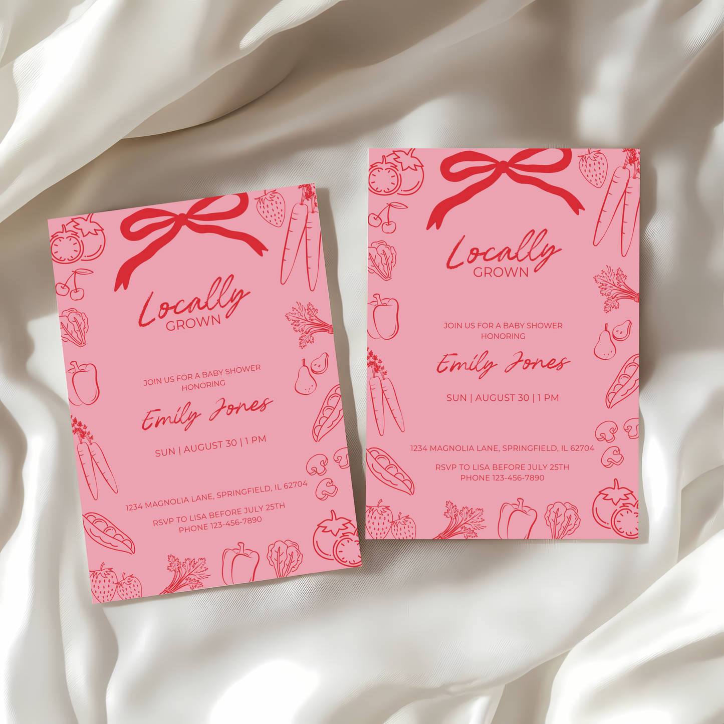 Baby Shower Invitation - Pink Locally Grown Hand Drawn Organic Farmers Market BS100