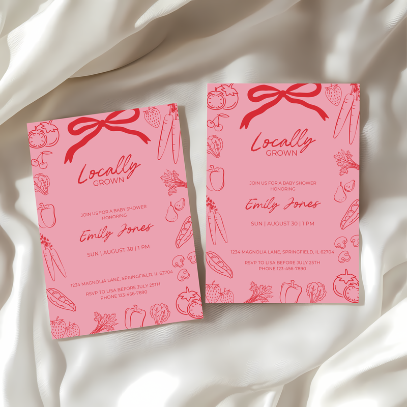 Baby Shower Invitation - Pink Locally Grown Hand Drawn Organic Farmers Market BS100