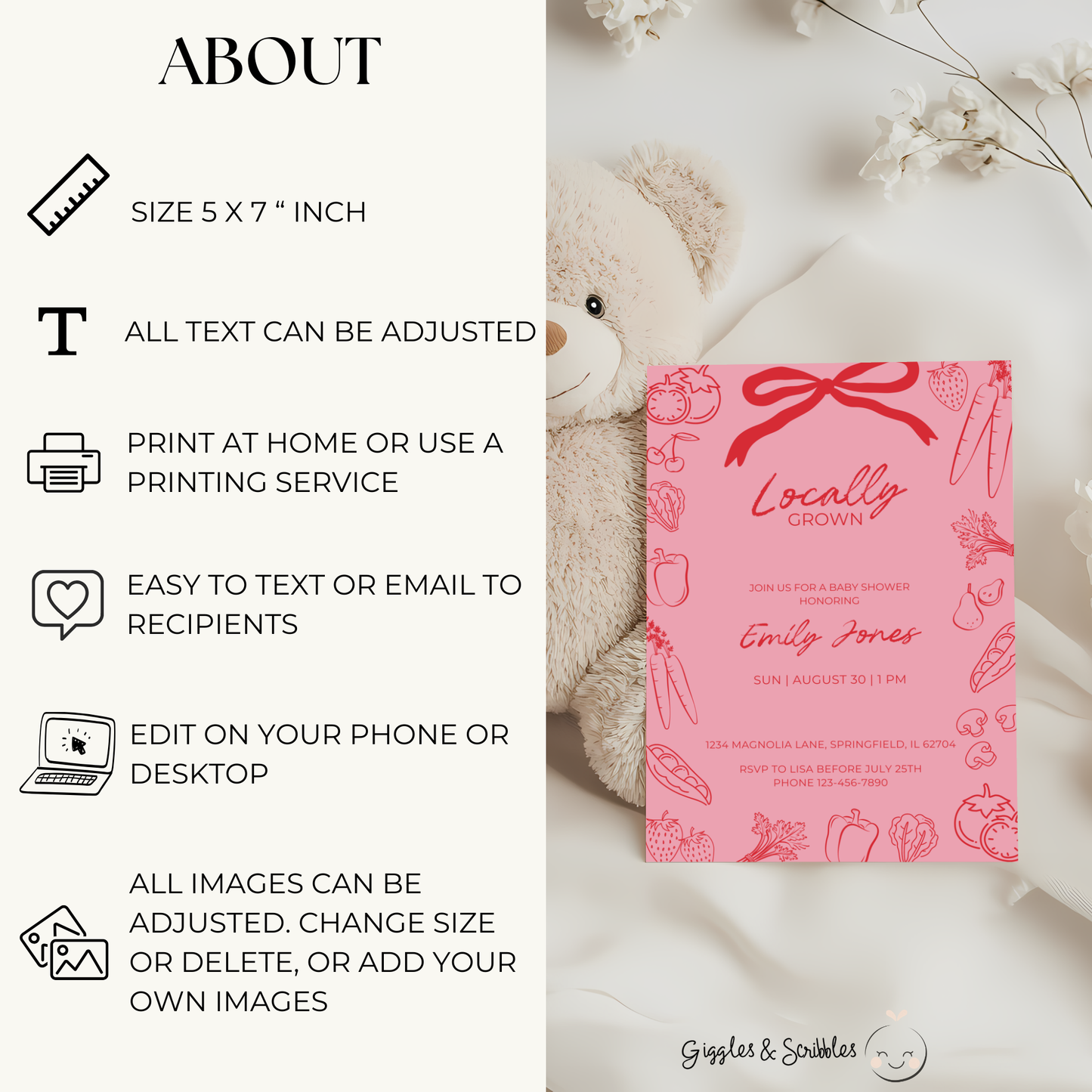 Baby Shower Invitation - Pink Locally Grown Hand Drawn Organic Farmers Market BS100