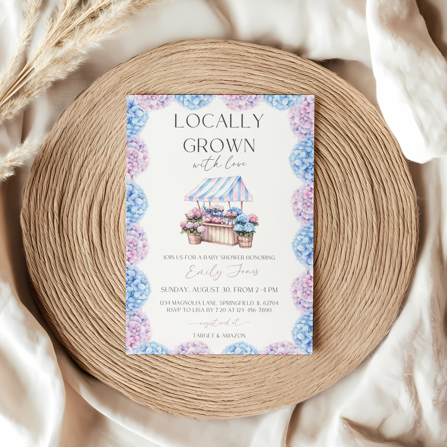 Baby Shower Invitation - Locally Grown Floral Farmers Market with Pink Blue Hydrangea Flowers BS99