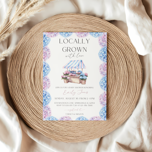Baby Shower Invitation - Locally Grown Floral Farmers Market with Pink Blue Hydrangea Flowers BS99