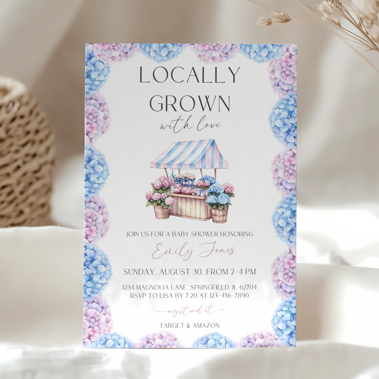 Baby Shower Invitation - Locally Grown Floral Farmers Market with Pink Blue Hydrangea Flowers BS99