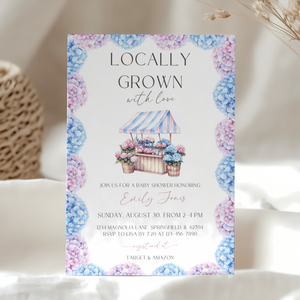 Baby Shower Invitation - Locally Grown Floral Farmers Market with Pink Blue Hydrangea Flowers BS99