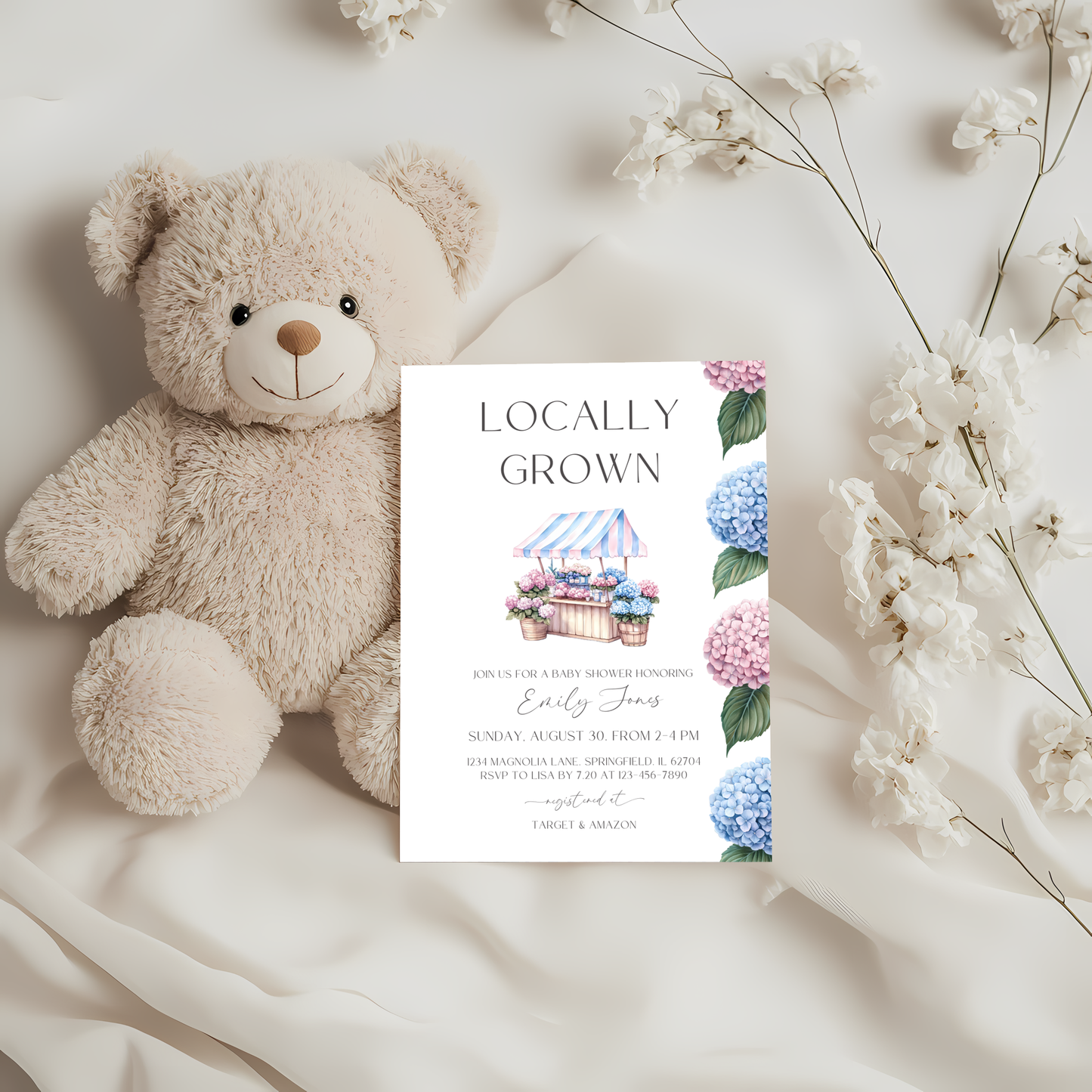 Baby Shower Invitation - Locally Grown Flowers Market Stand Pink Blue Hydrangeas BS98