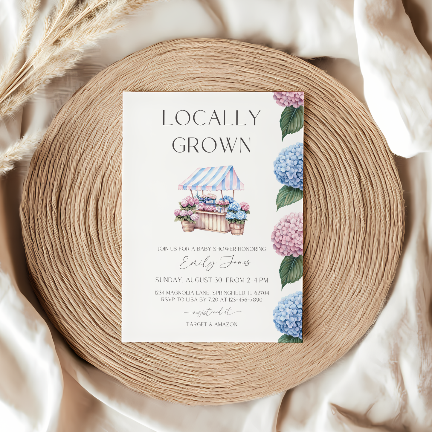 Baby Shower Invitation - Locally Grown Flowers Market Stand Pink Blue Hydrangeas BS98