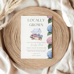 Baby Shower Invitation - Locally Grown Flowers Market Stand Pink Blue Hydrangeas BS98